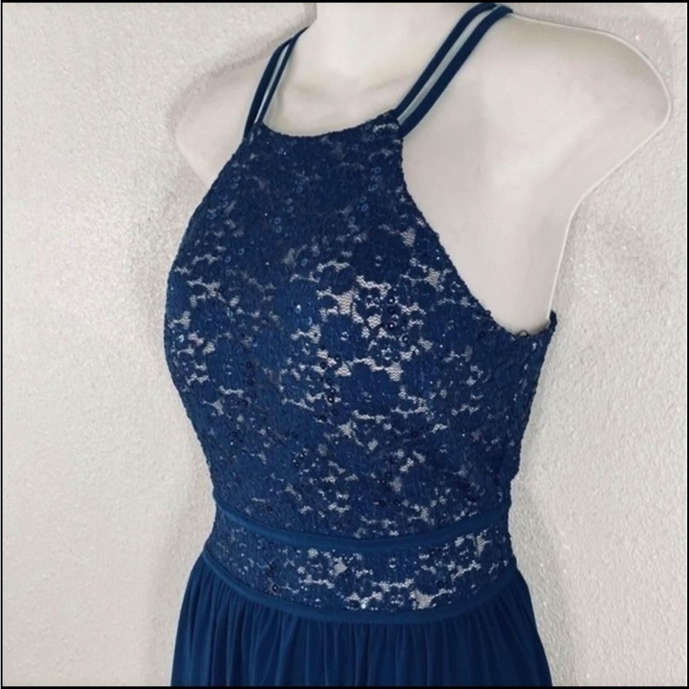 PROM FORMAL NIGHTWAY BLUE LACE, SEQUINS DOUBLE SPAGHETTI STRAPS VEUC - Picture 7 of 12